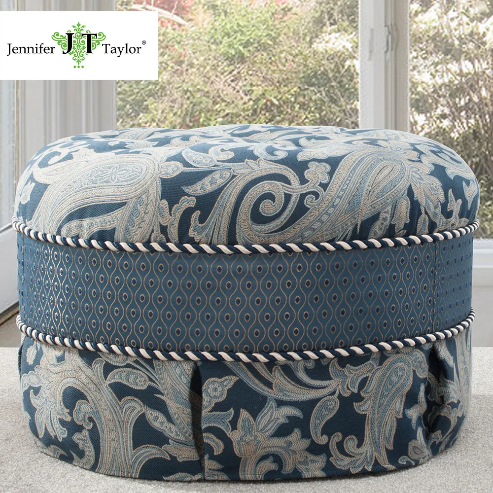 Jennifer Taylor Home, Ottoman, Blue, Hand Tufted, Double Cord & Pleated