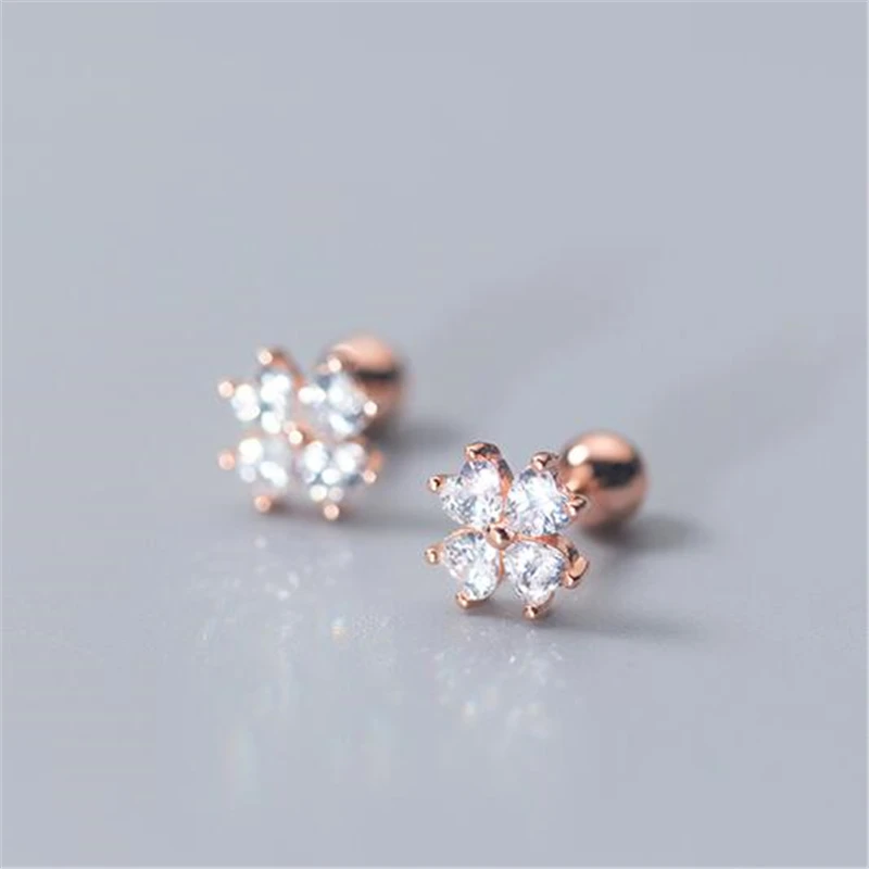 925 пробы серебряные ювелирные изделия, женские милые крошечные серьги-гвоздики с четырьмя листьями, розовое золото, ювелирное изделие для девочек, детей, леди, E9557