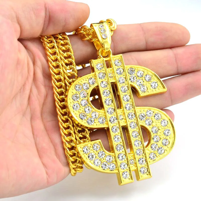 

Hip Hop Gold Color Dollar Sign $ Pendants & Necklaces With Long Twist Chain Statement Necklace For Woman Men