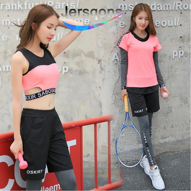 

Jersqons 4 Pcs New Sports Suit Women Yoga Set Fitness Suit Sports Bra T-shirt Shorts Sports Pants Sportswears Breathable