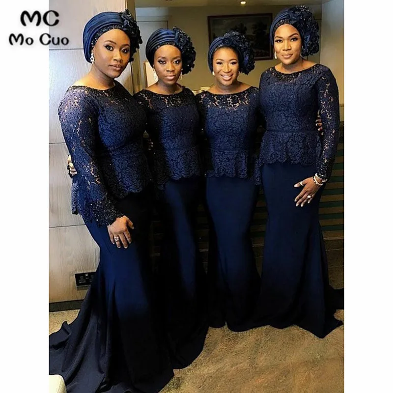 Mermaid Long Navy Blue Bridesmaid Dress with Sleeves Lace