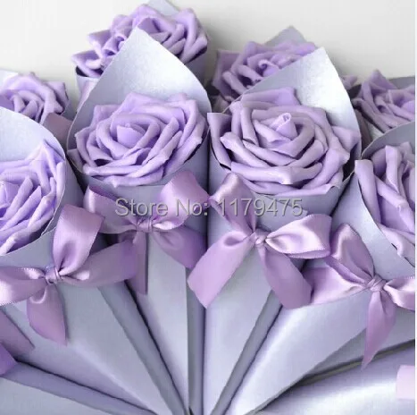 

100 x Rose Cones Holder Bowknot Ice Cream DIY Purple Rose Candy Boxes Gift Box Wedding Table Decor Party Wedding Favor
