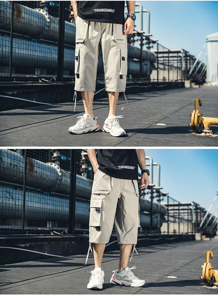 Мужские штаны для бега 2019 летние новые модные свободные брюки в стиле хип-хоп с несколькими карманами, укороченные брюки ниже колена