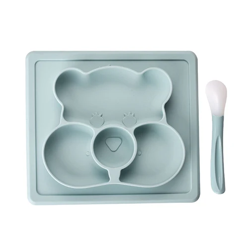 Цельный дизайнерский детский набор тарелок, Пищевой Силиконовый поднос, Детская сетчатая посуда, мультяшный медведь, Детская пищевая добавка - Цвет: Синий