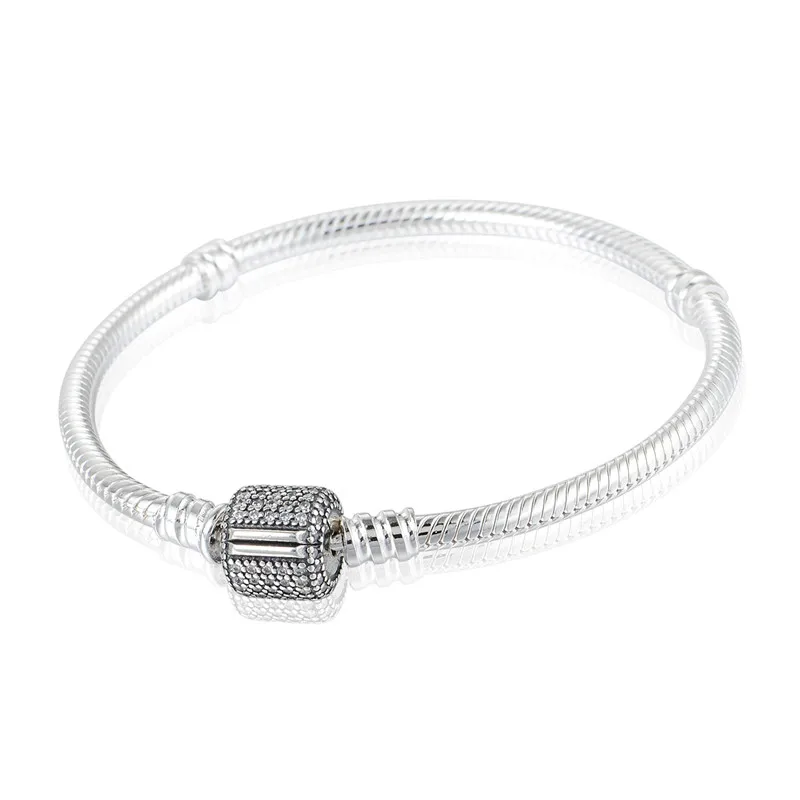 

Pandulaso Signature Barrel Clasp Snake Chain Silver Bracelets for Women Fashion Silver 925 DIY Jewelry Crystal Charms Bracelets