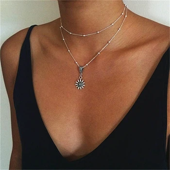 New Vintage Double Layered Sunflower Silver Chain Satellite Bead Choker Women Pendant Necklaces Simple Dainty Jewelry Gifts