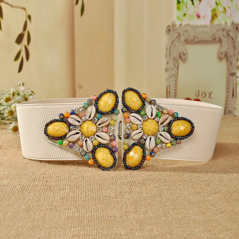 

Rhinestone Shell Leather Black Stretchy Wide Waistband Fashion Girls Elastic Waist Belt 2018 New Women Ladies Elastic Belt