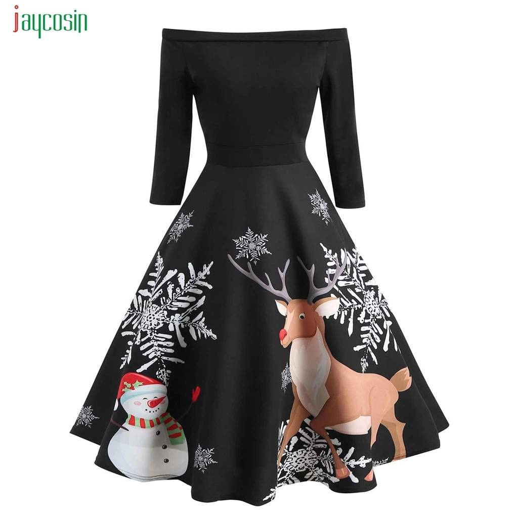 Jaycosin женское рождественское платье, повседневное стильное платье с вырезом лодочкой и открытыми плечами, винтажное свободное платье для женщин, Vestidos De Festa, новинка