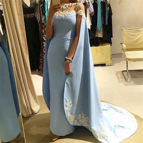 2017 Sexy Long Cape Light Blue Mermaid Satin Party Evening Dress With Capes Turkish Saudi Arabia Prom Dresses Gowns Abaya Designs In Dubai