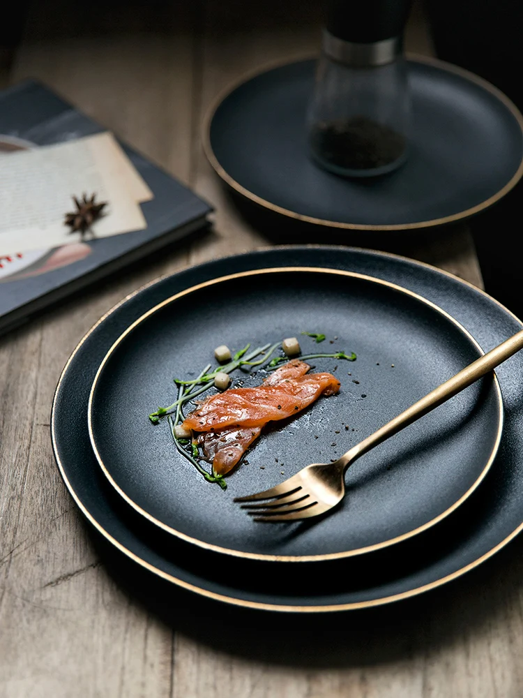 ANTOWALL скандинавском стиле черный цвет золотой ободок скраб керамический салатный диск паста блюдо в стиле вестерн стейк блюдо домашний Ресторан плоская тарелка