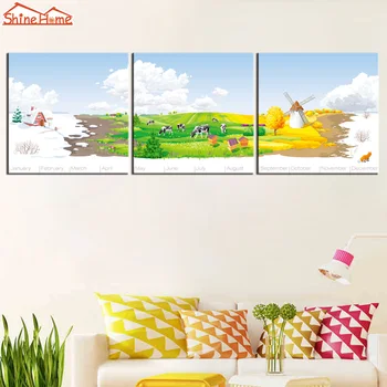

ShineHome-3pcs Wall Art Canvas Print Oil Painting Triptych Modular Four Season Picture Printing Cartoon Farm Cow for Living Room