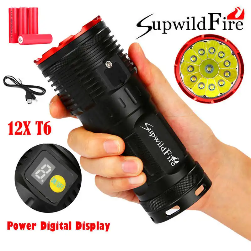 

Supwildfire 36000LM 12 x XM-L T6 LED Power Digital Display Hunting Flashligt powerful led flashlight by 18650 battery #3o8