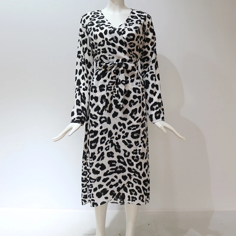 Повседневное шифоновое платье с леопардовым принтом и длинным рукавом, винтажное осеннее элегантное женское платье с v-образным вырезом, длинное офисное платье макси с разрезом