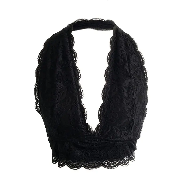 Women Floral Sheer Lace Triangle Bralette Halter Bra Crop Top Lingerie