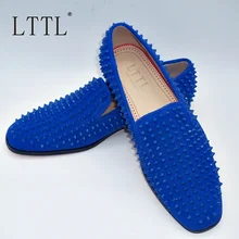 Blue Suede Mens Shoes Top Fashion Spikes Loafers Men Smoking Slipper Shoes Genuine Leather Men's Dress Shoes Banquet Flats Blue Suede Mens Shoes Top Fashion Spikes Loafers Men Smoking Slipper Shoes Genuine Leather Men's Dress Shoes Banquet Flats