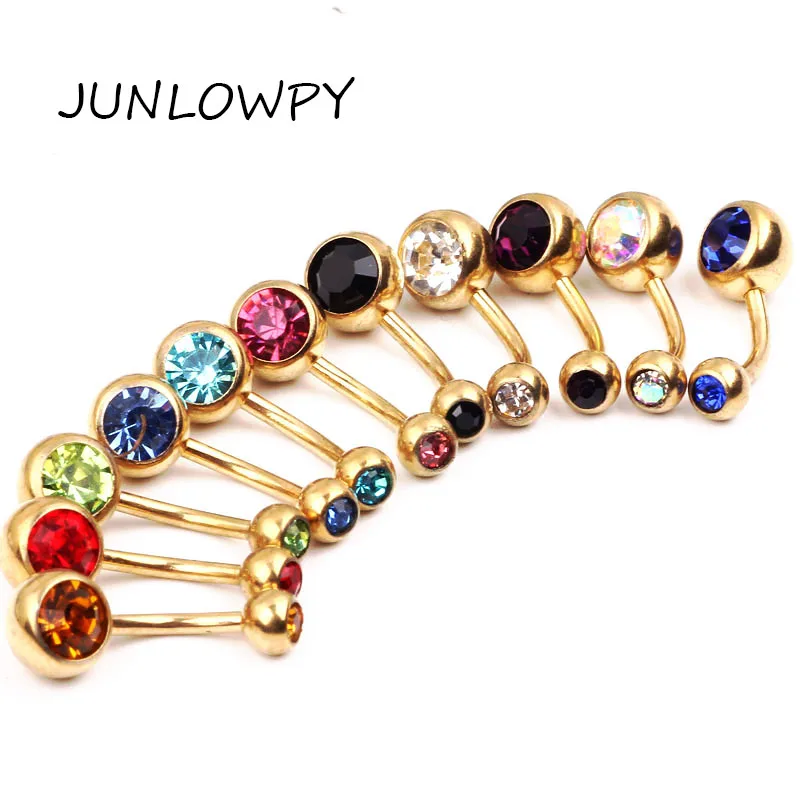 

Sena Navel piercing Mix 10 Colors 50pcs/lot 14g Banana Navel Rings Body Piercing gold Double Gem Press Fit Belly Ring