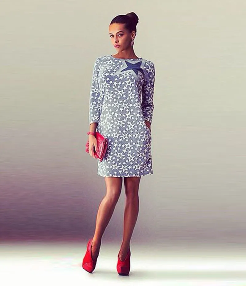 

New Women's Dress Star Printing Casual Summer O Neck Long Sleeve Dress Vestidos Casual Bodycon Slim Dress