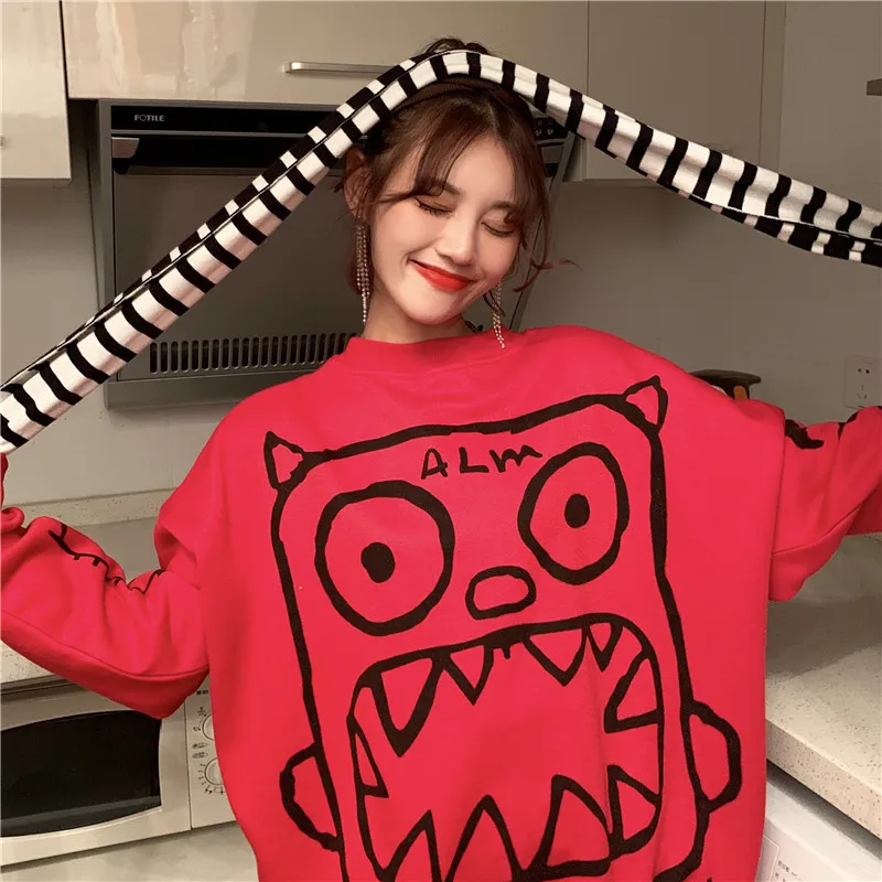 ATKULLQZ New Little monster sweatershirt Korean version plus velvet thick coat student lazy clothes college winter Sweatshirts