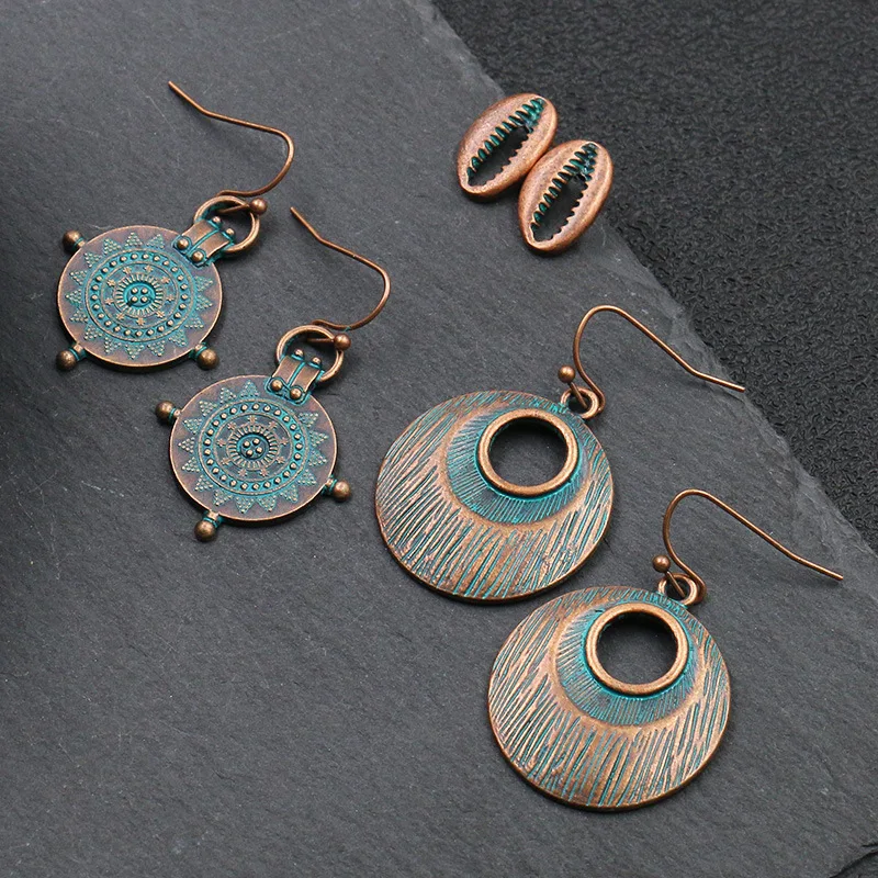3 pairs/set Bohemia Alloy Sea Shell Fish Circle Drop Earrings Set for Women Vintage Boho Carved Round Pendant Ear Cuff | Украшения и