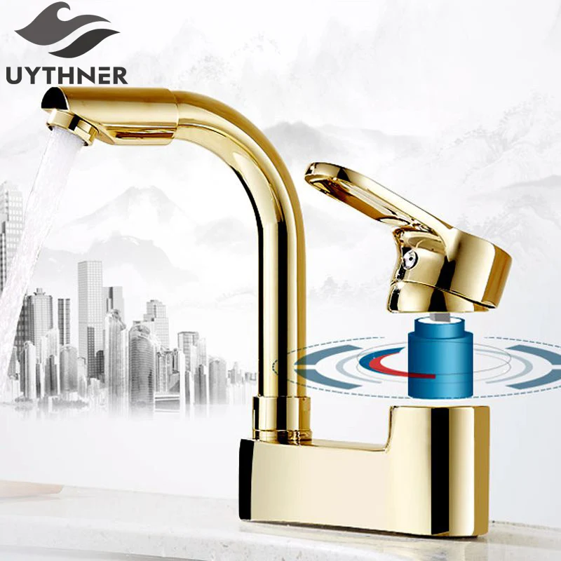 

Uythner European double hole tap with hot and cold water faucet can be rotated washing basin faucet gold-plated finish