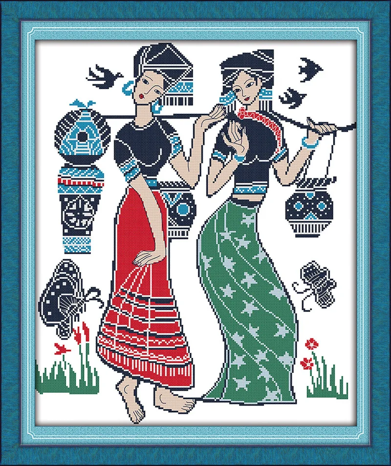 

Two Minority young girls Printed Canvas DMC Counted Chinese Cross Stitch Kits printed Cross-stitch set Embroidery Needlework