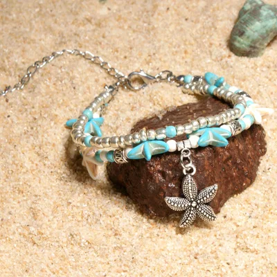 Энкельбандье богемные несколько слоев Морская звезда, черепаха ножные браслеты из бисера для женщин Бохо оболочки браслет-цепочка на лодыжку пляж Халхал