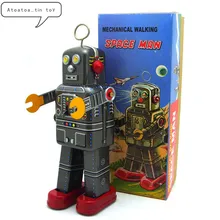 Vintage espacio hombre Robot colección hojalata juguetes clásico mecanismo de cuerda mecánico caminar Robot de lata juguetes para regalo coleccionable