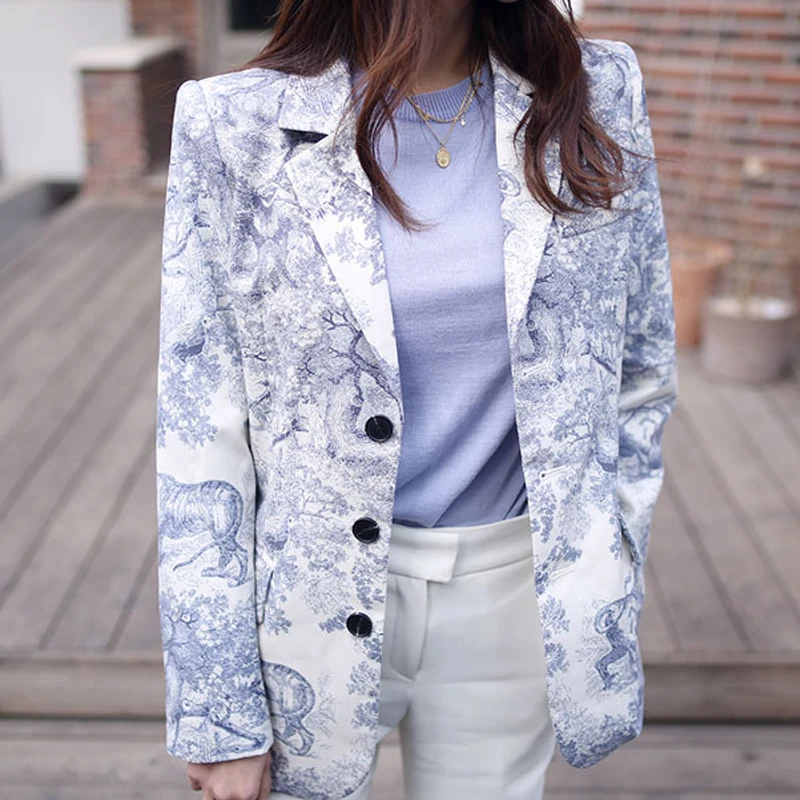 2019 New Vintage Women's Jacket And Blazer Long Sleeve Print Office Long Blazer Women Spring Autumn Single Breasted Women's Suit