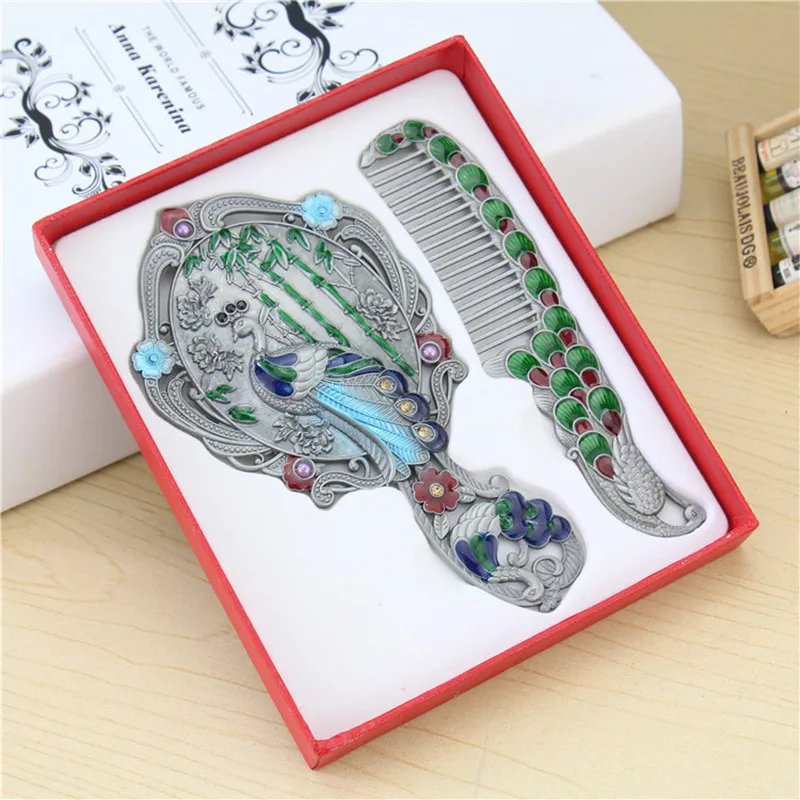 

1 PC Rhinestone chic retro vintage ladies makeup mirror hand mirror christmas gifts mirror comb set free shipping