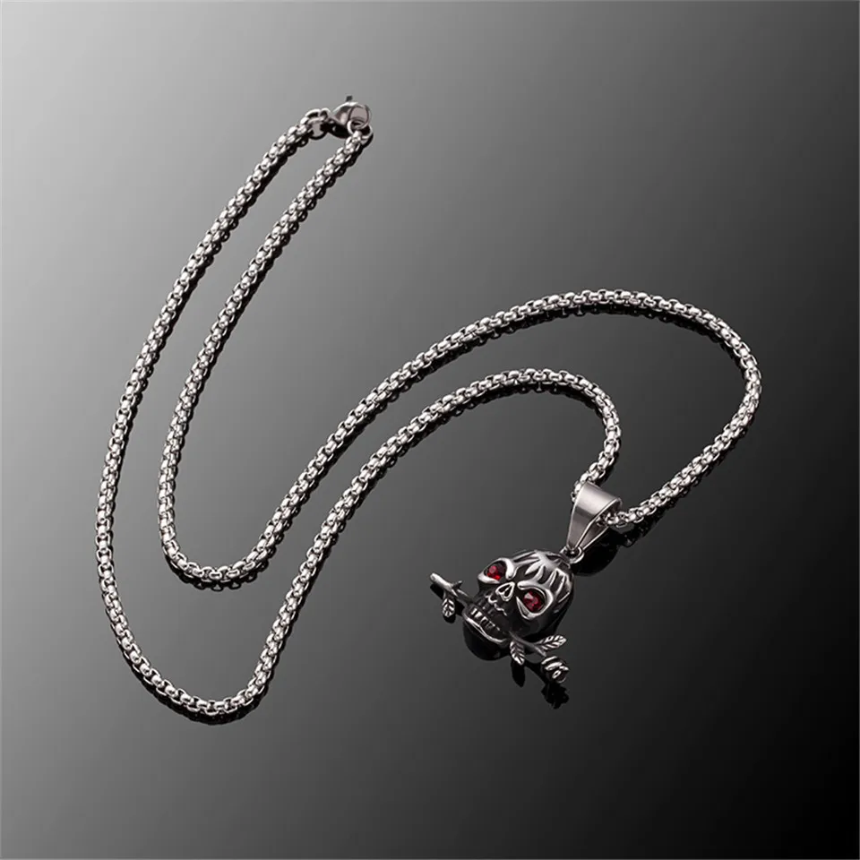

Punk jewelry for men women Death Withered Rose Pendant Necklace Stainless steel skull necklace Fashion Clothing Accessories 2018