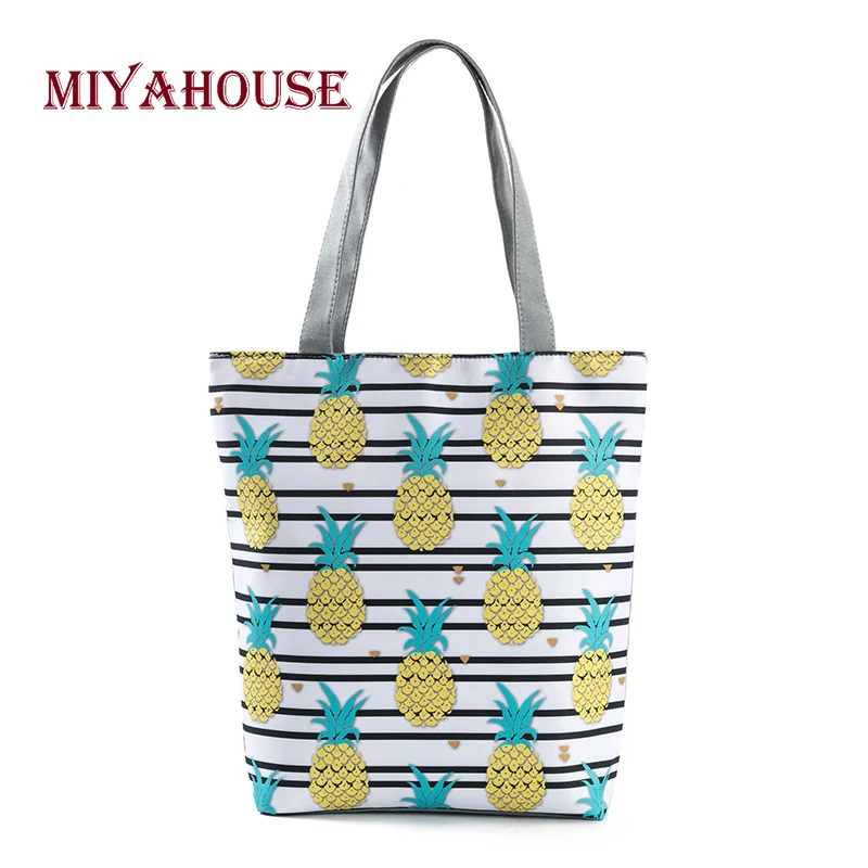 

Miyahouse Pineapple Design Shoulder Bags For Women Striped Print Canvas Tote Bag Fashion Female Shopping Handbags Fruit Pattern