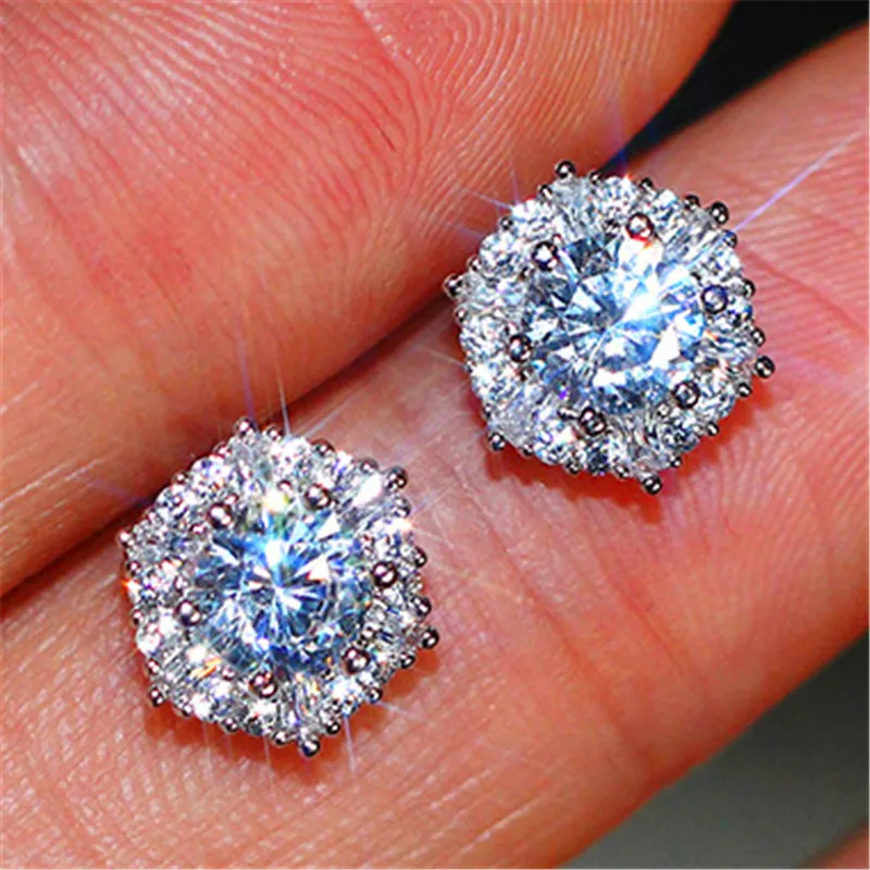 Милые маленькие серьги-гвоздики с шестигранной головкой для девочек, 925 пробы, заполненные серебром, женские белые круглые серьги с кристаллами, свадебные ювелирные изделия