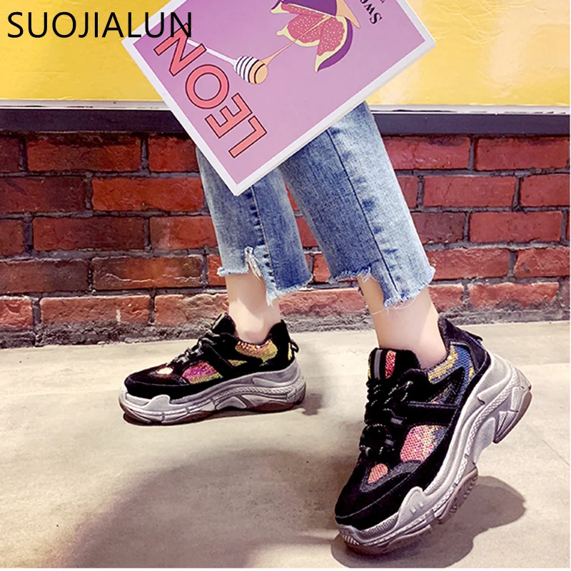 

SUOJIALUN 2019 Spring Autumn Thick Soled Platform Casual Women Shoes Breathable Flats Sneakers Casual Shoes Brand Flat Shoes