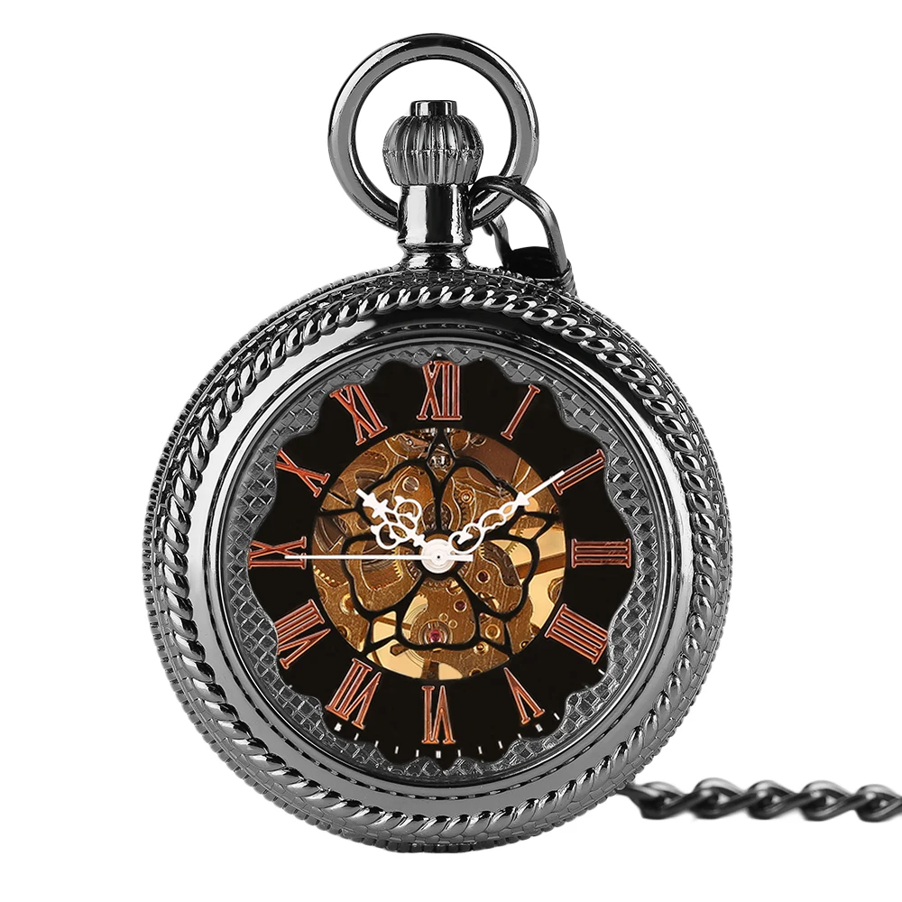 YISUYA Men Mechanical Pocket Watch Retro Carving Pendant Necklace