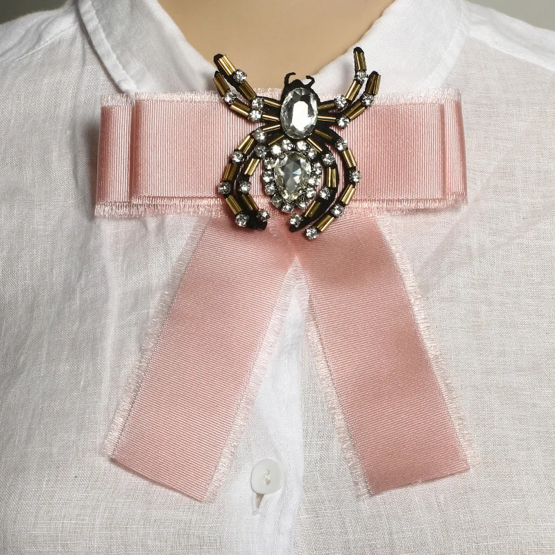 Bohemian Fabric Bowknot Brooches For Women Bow Neck Tie Inlay Rhinestone Spider Brooch Wedding Party Clothing Accessories Broche | Украшения