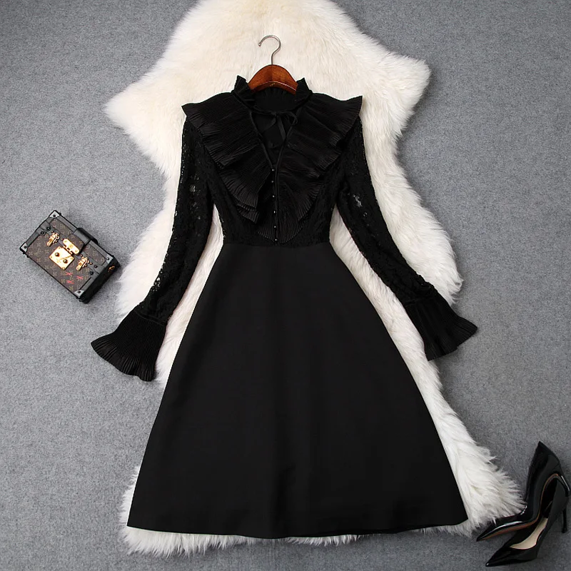 

Little Black Dress Women 2019 Spring New V-neck Flare Long Sleeved Pleated Ruffles Patchwork Lace Slim A-Line Dress Knee Length