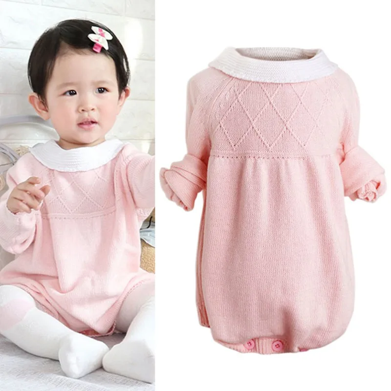 

Sweet Style O Neck Long Sleeves Baby Rompers Girl Clothes Newborn Knitting Loose Triangular Pants Crawling 3 Colors