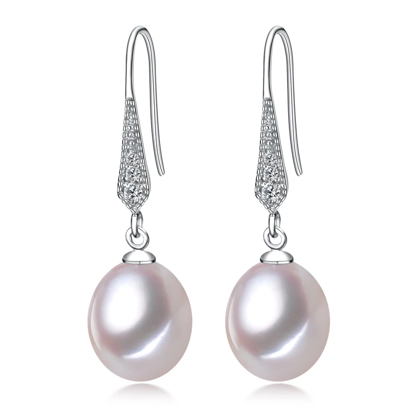 2017 new style 100% natural freshwater pearl drop earrings 8-9mm real pearl 925 sterling silver zircon jewelry for women girls
