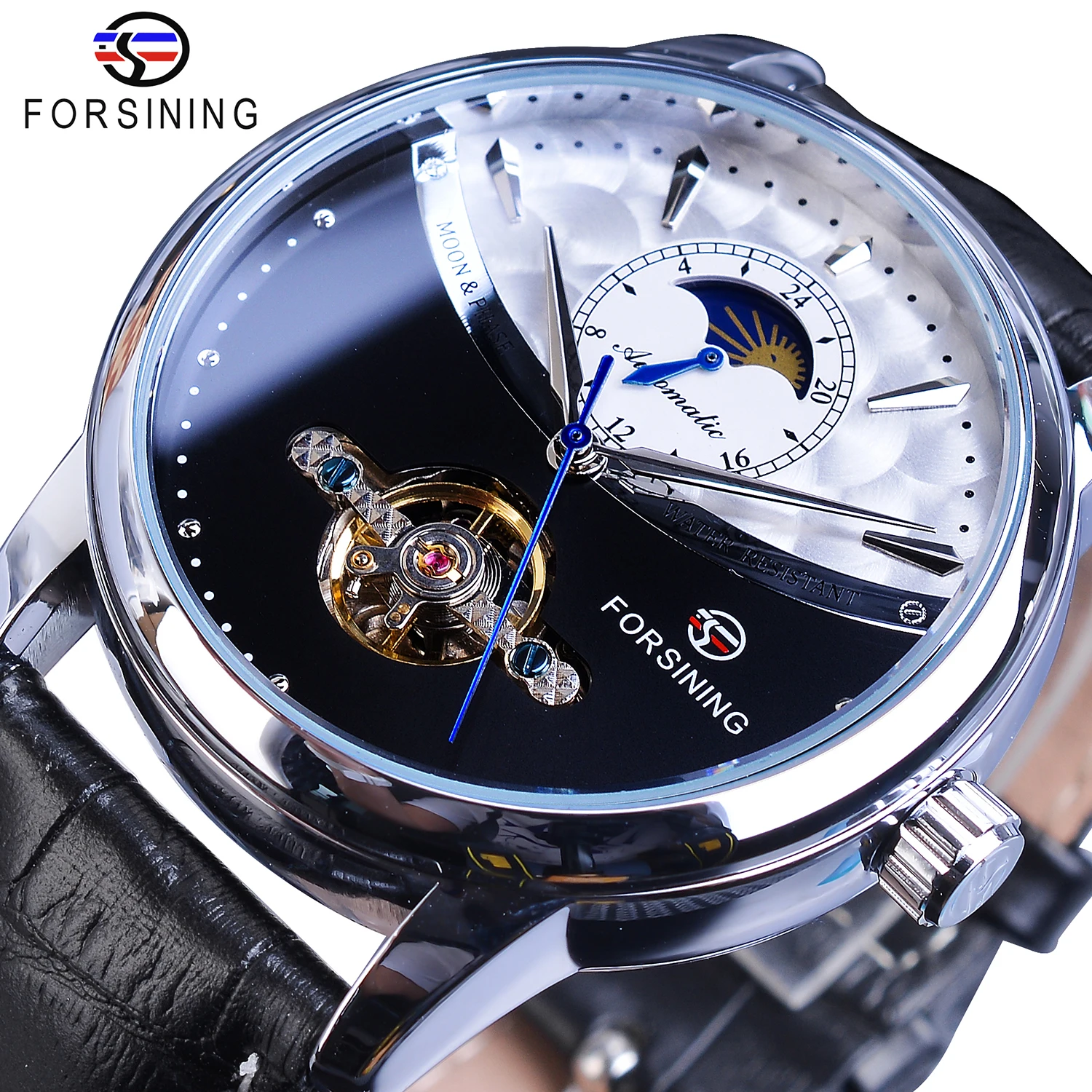 

Forsining Man Watch Relogio Automatic Mechanical Black White Moon Phase Business Skeleton Tourbillon Leather Band Masculino 2019