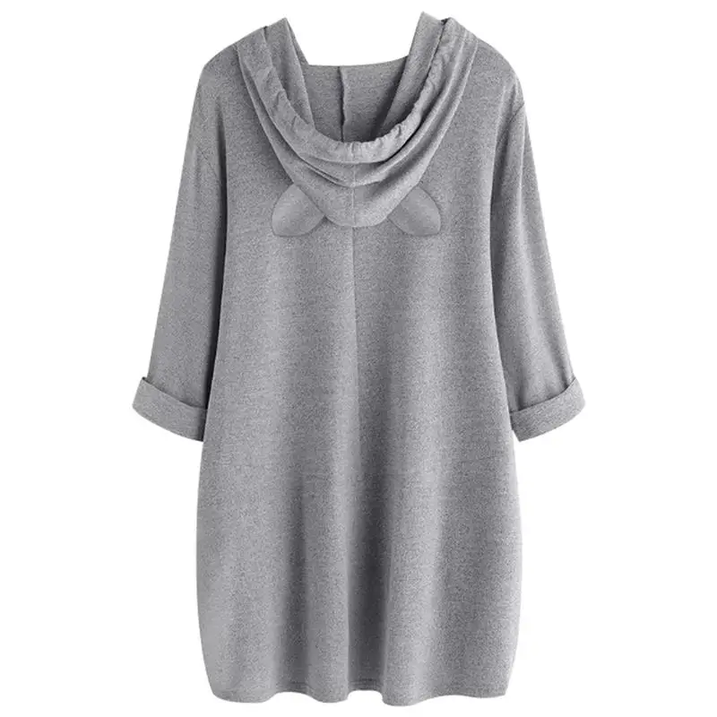 Baratos Sudaderas con capucha de talla grande para mujer I Do What I Want letra estampado gato y taza patrón con orejas bolsillo sudadera de gran tamaño otoño Kawaii Pullover