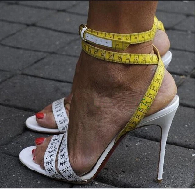 

Summer Unique Design Ruler Cross High Heel Sandals Charming Ankle Straps Tape Measure Sandals Sexy Party Dress Stiletto Shoes