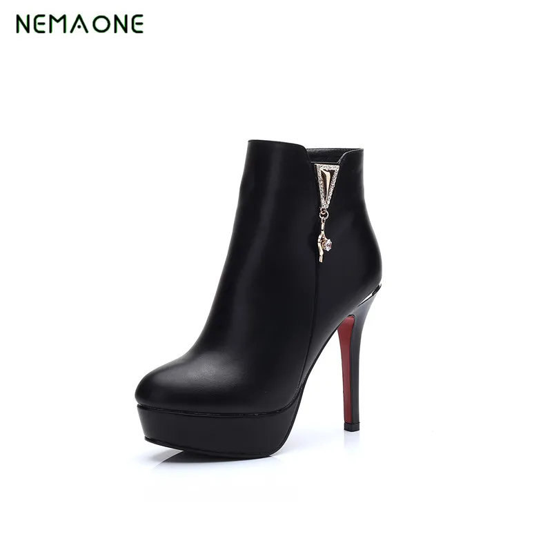 

NEMAONE NEW Winter Shoes Metal Buckle Pointed Toe Thin High Heels Genuine Leather Runway Party Concise Women Ankle Boots