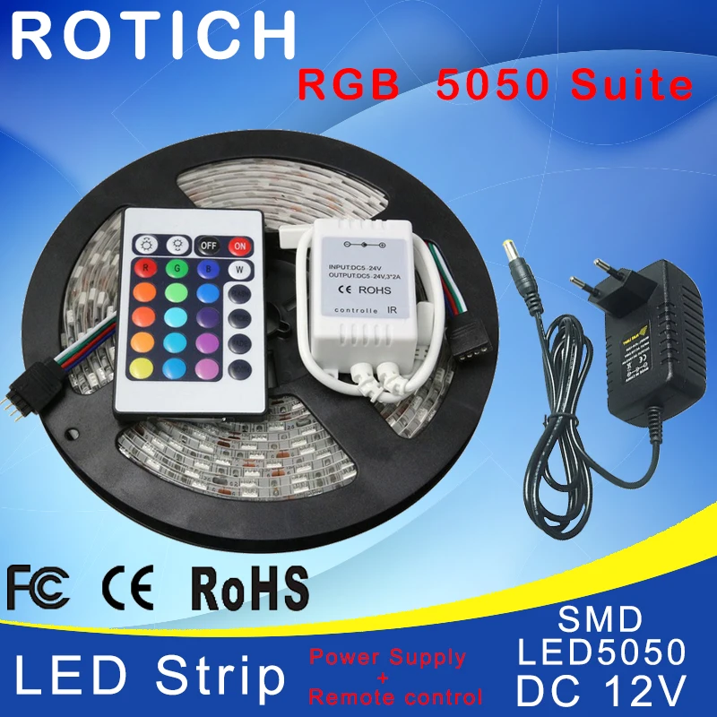

5M RGB LED Strip Light Flexible SMD 5050 and IR 24 Keys Remote Controller with 12V 2A Power Adapter Supply Driver set