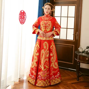 

Dragon Gown Bride Chinese Style Costume Phoenix Cheongsam Evening Dress Traditional Chinese Wedding Dress Red Qipao Embroidery