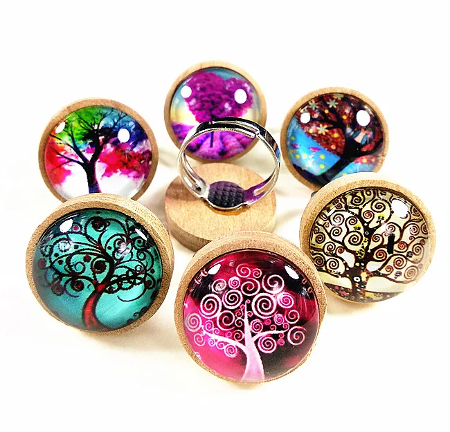 

Jiangzimei 24pcs logs dark caffeine Wood cabochons with tree of life Glass cabochons finger Rings Ethnic retro-style