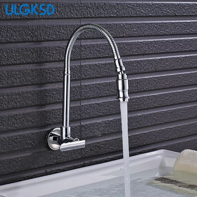 Best Price Ulgksd Chrome Solid Brass 360 Degree Flexsible Hose Spray Kitchen Faucet Wall Mounted Kitchen Faucet Single Cold Or Hot Tap