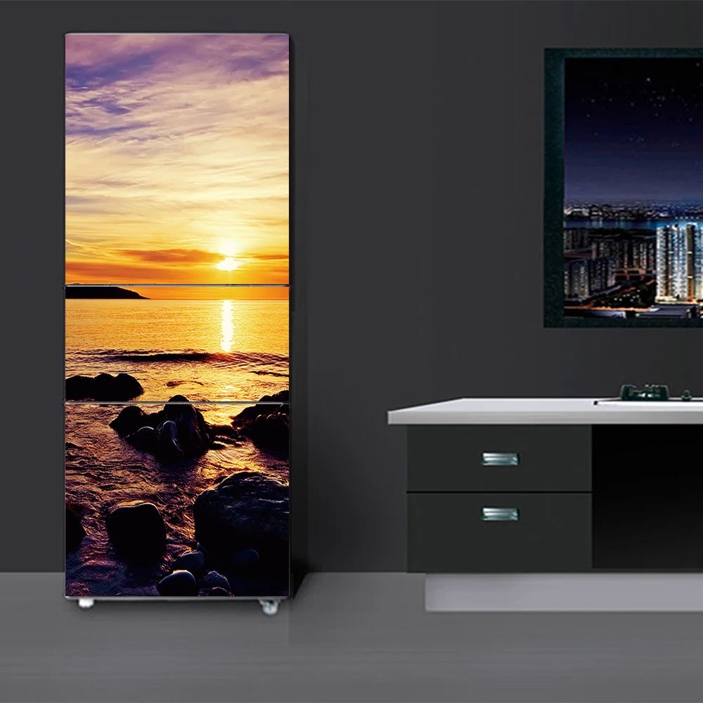 

HD Print 3D Sea Sunset Poster PVC Waterproof Entire Fridge Sticker Creative Stickers DIY Home Decor Fridge Wall Sticker