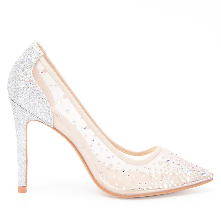 Stylesowner Hottest Lady Sexy Wedding Shoe Transparent Mesh Diamond Bling Shoes Pointed Toe Sequins Party High Heel Sapatos 41