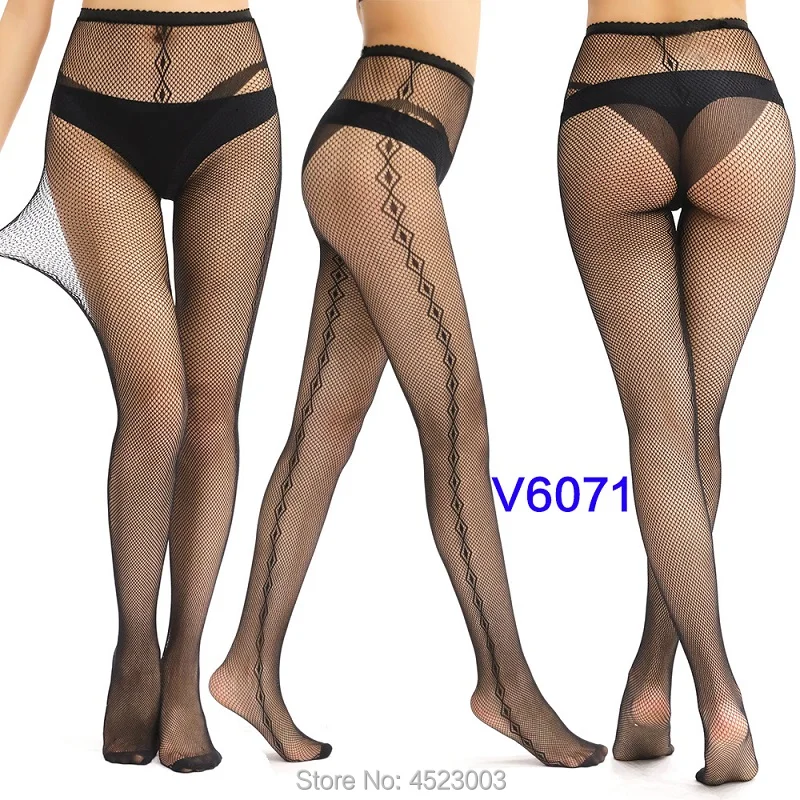 Women Tights Stockings Female Thigh High Fishnet Embroidery Transparent Pantyhose Lady Black Mesh Hosiery - Цвет: V6071