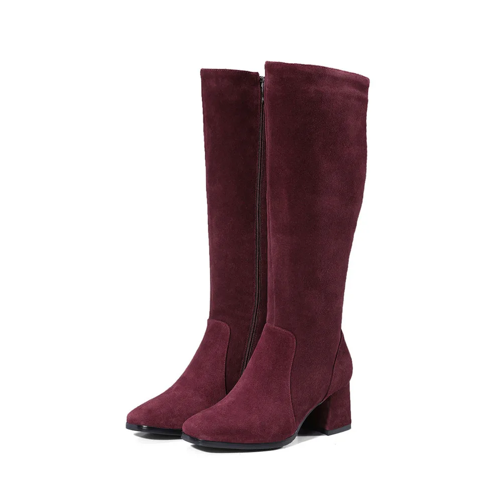 MORAZORA/ г.; модные женские ботинки; ботинки из коровьей замши с квадратным носком на молнии; кожаные сапоги до колена на квадратном каблуке; цвет черный, винно-красный - Цвет: wine red